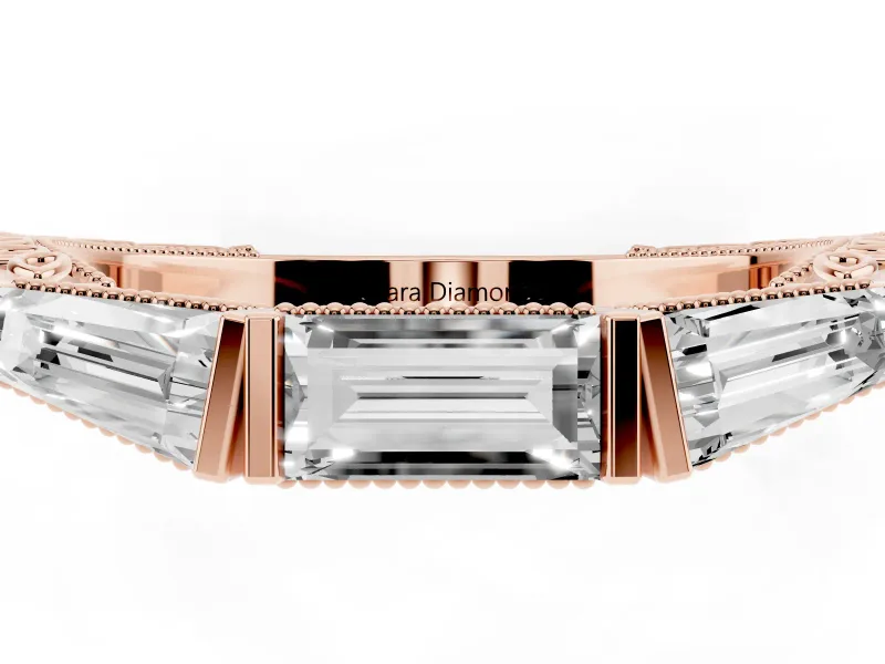 Baguette and Pear-Shaped Lab-Grown Diamond Milgrain Wedding Band | Chevron Sides | Rose Gold
