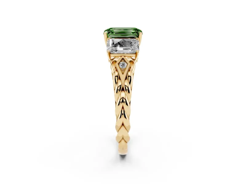 Fancy Green Emerald Cut Diamond Three-Stone Ring Set in Yellow gold with Braided Band