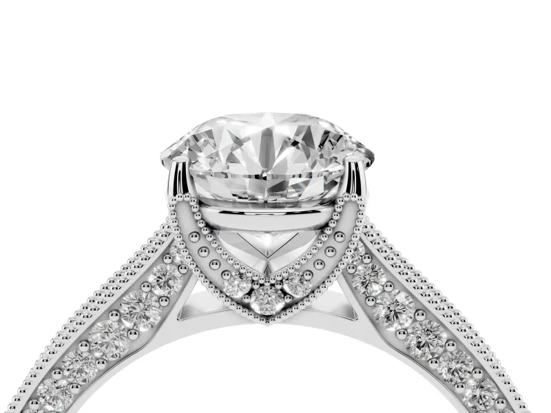 Round Vintage Hidden Halo Engagement Ring Setting | Milgrain Pave Band | Sterling Silver