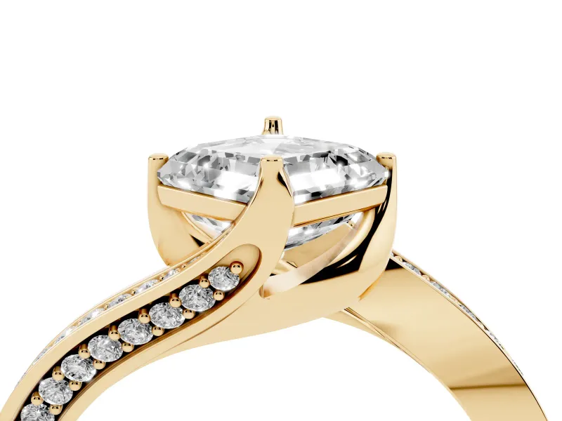 Asscher Cut Diamond Solitaire Ring Set in Yellow gold with Intertwined Pavé Twist Band