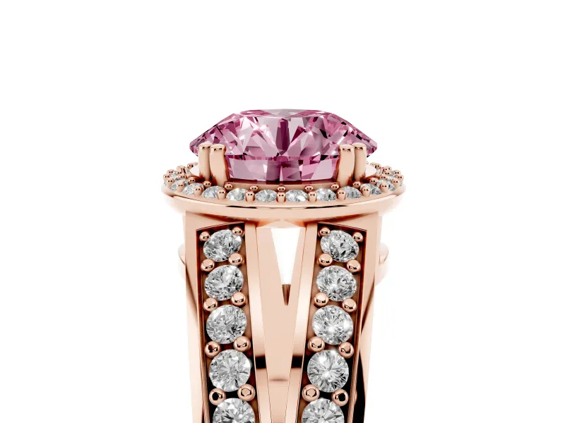 Round Halo Engagement Ring Setting for a Fancy Pink Lab-Grown Diamond | Split Shank | Rose Gold