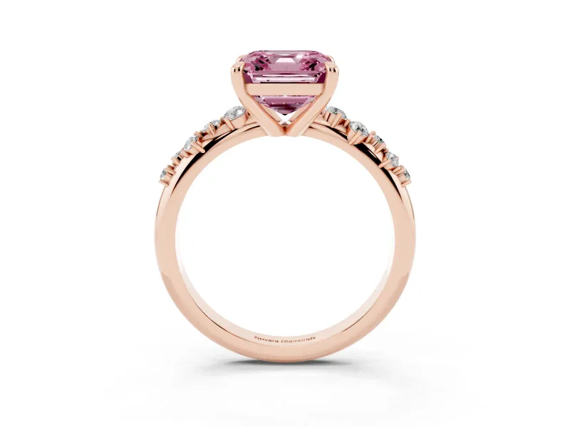 Fancy Pink Asscher Cut Diamond Solitaire Vine Band Ring Set in Rose gold with Round Accents and Prong Setting