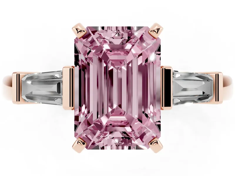 Emerald Cut Three-Stone Engagement Ring Setting for a Fancy Pink Lab-Grown Diamond | Tapered Baguettes | Rose Gold
