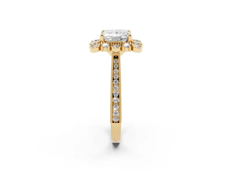Princess Cut Diamond Halo Milgrain Pavé Ring Set in Yellow gold with Prong Setting