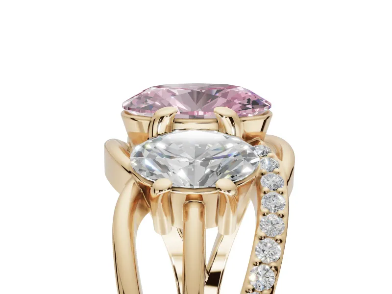 Oval Three Stone Split Shank Engagement Ring Setting for a Fancy Pink Lab-Grown Diamond | Matching Sides | Yellow Gold