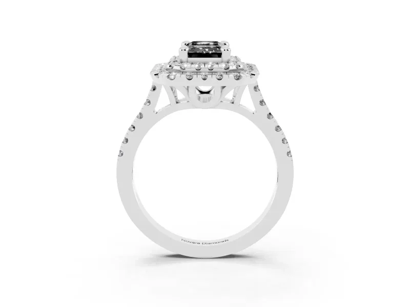 Fancy Black Emerald Cut Diamond Double Halo Statement Ring Set in Silver with Pavé Band