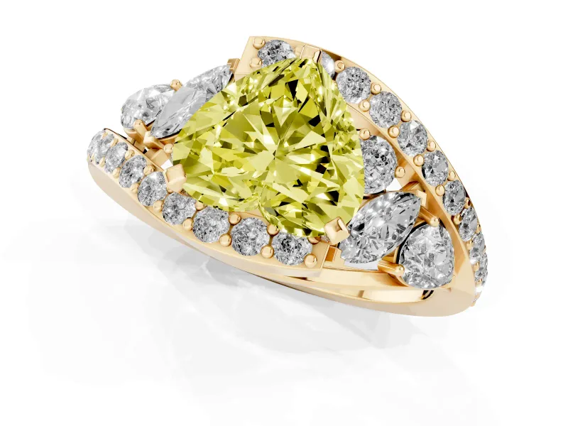 Fancy Yellow Heart Cut Diamond Halo Ring Set in Yellow gold with Marquise and Pavé Band in Prong Setting