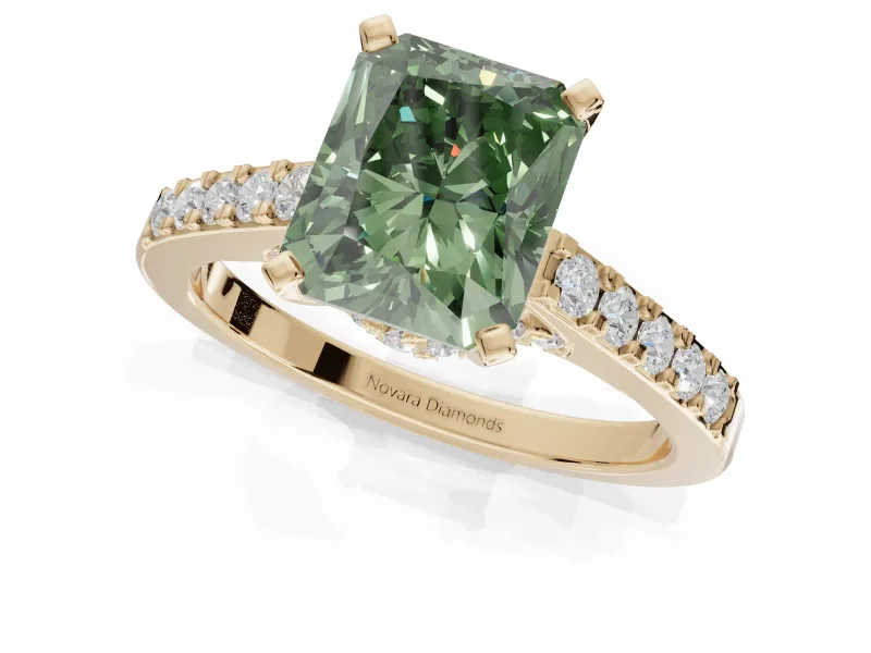 Radiant Cut Pavé Solitaire Engagement Ring Setting for a Fancy Green Lab-Grown Diamond | Crossover Gallery | Yellow Gold