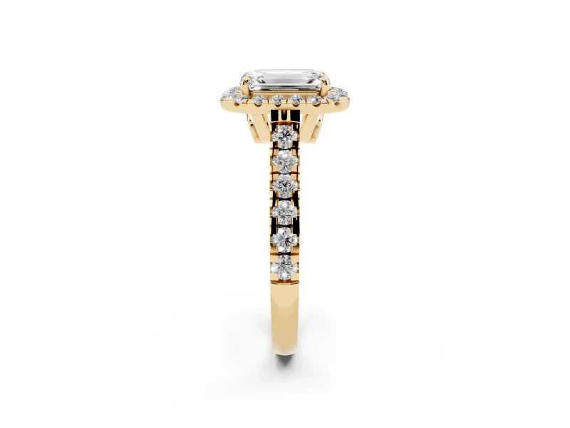 Emerald Cut Halo Engagement Ring Setting | Shared Prong Shoulders | Yellow Gold