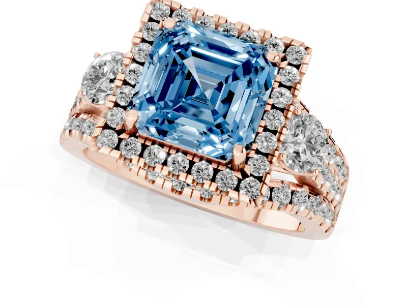Asscher Cut Halo Split Shank Engagement Ring Setting for a Fancy Blue Lab-Grown Diamond | Round Side Stones | Rose Gold