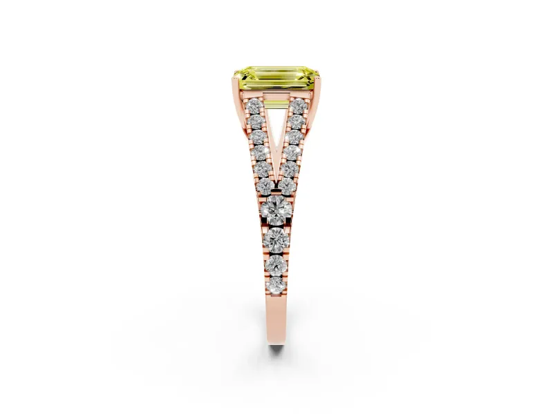 Emerald Cut Graduated Split Shank Engagement Ring Setting for a Fancy Yellow Lab-Grown Diamond | Rose Gold