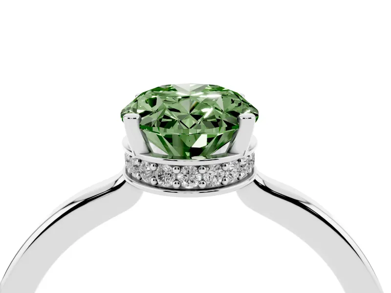 Fancy Green Oval Cut Diamond Solitaire Engagement Ring Set in White gold with Prong Setting on a Plain Band
