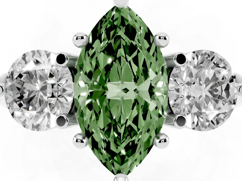Fancy Green Marquise Cut Diamond Three-Stone Ring Set in Platinum with Prong Setting and Classic Band