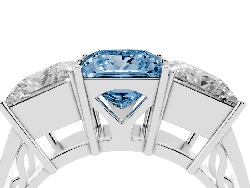 Princess Cut Three Stone Engagement Ring Setting for a Fancy Blue Lab-Grown Diamond | Beaded Shoulders | Platinum