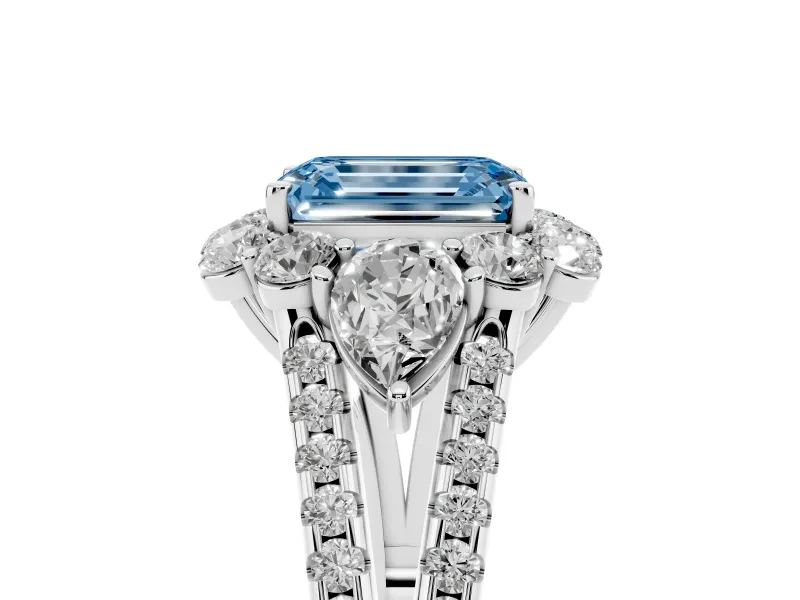 Fancy Blue Emerald Cut Diamond Halo Split Shank Engagement Ring Set in Silver with Prong-Held Center Stone