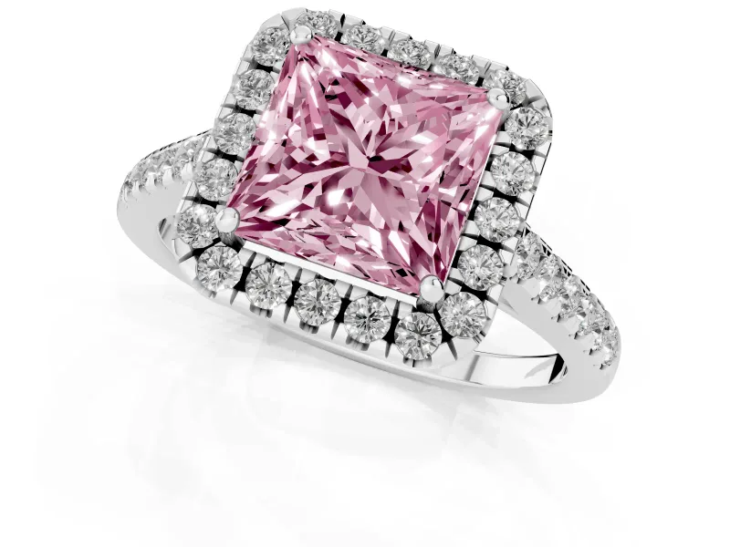 Princess Cut Halo Engagement Ring Setting for a Fancy Pink Lab-Grown Diamond | Pave Shoulders | Platinum