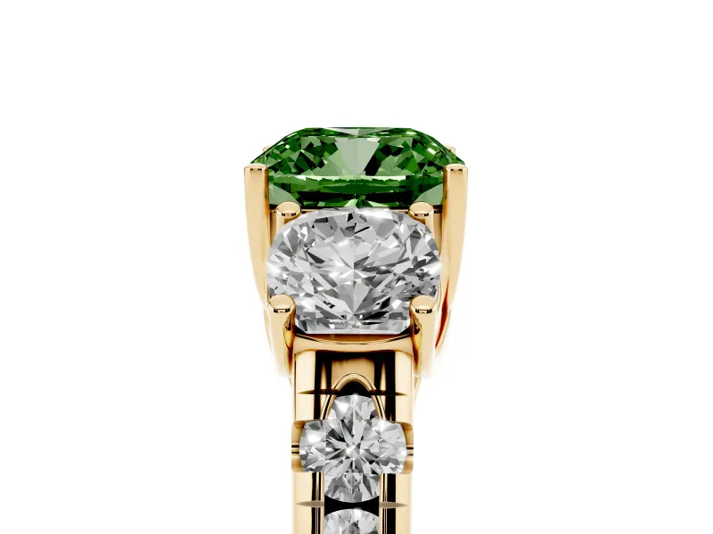 Cushion Cut Three Stone Engagement Ring Setting for a Fancy Green Lab-Grown Diamond | Accented Shoulders | Yellow Gold
