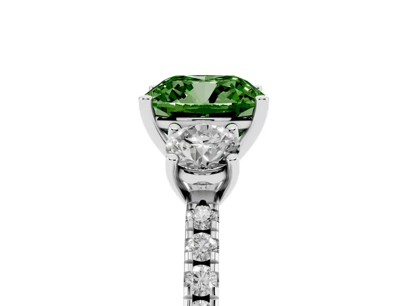 Cushion Cut Three Stone Engagement Ring Setting for a Fancy Green Lab-Grown Diamond | Pave Shoulders | White Gold