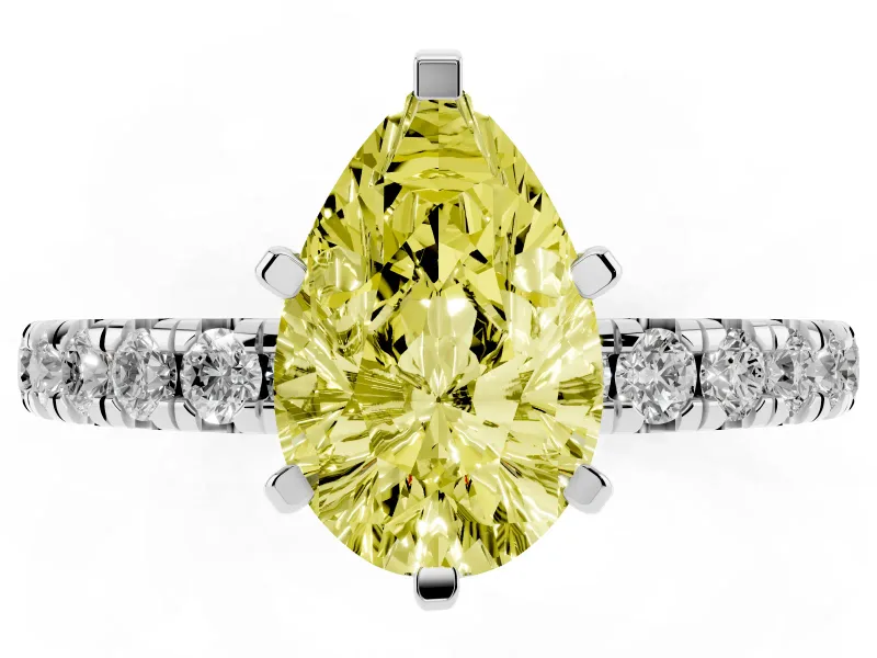Fancy Yellow Pear Cut Diamond Pavé Solitaire Ring Set in Platinum with Round Band and Prong Setting