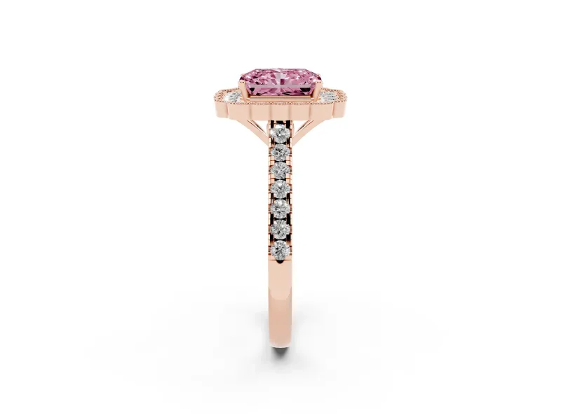 Radiant Cut Milgrain Floral Halo Engagement Ring Setting for a Fancy Pink Lab-Grown Diamond | Pavé Band | Rose Gold