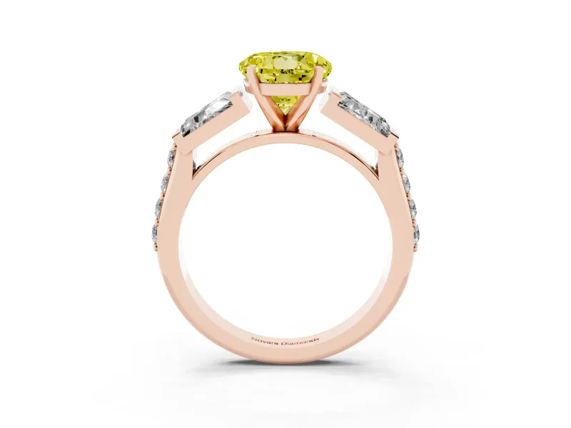 Fancy Yellow Round Cut Diamond Engagement Ring Set in Rose gold with Baguette Side Stones and Channel Set Band