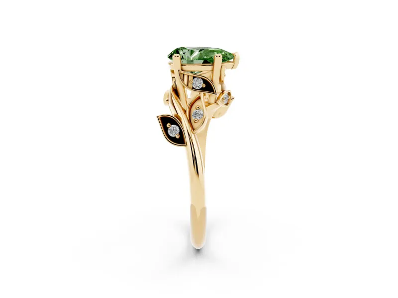 Fancy Green Pear Cut Diamond Solitaire Twist Engagement Ring Set in Yellow gold with Pavé Leaf Accents