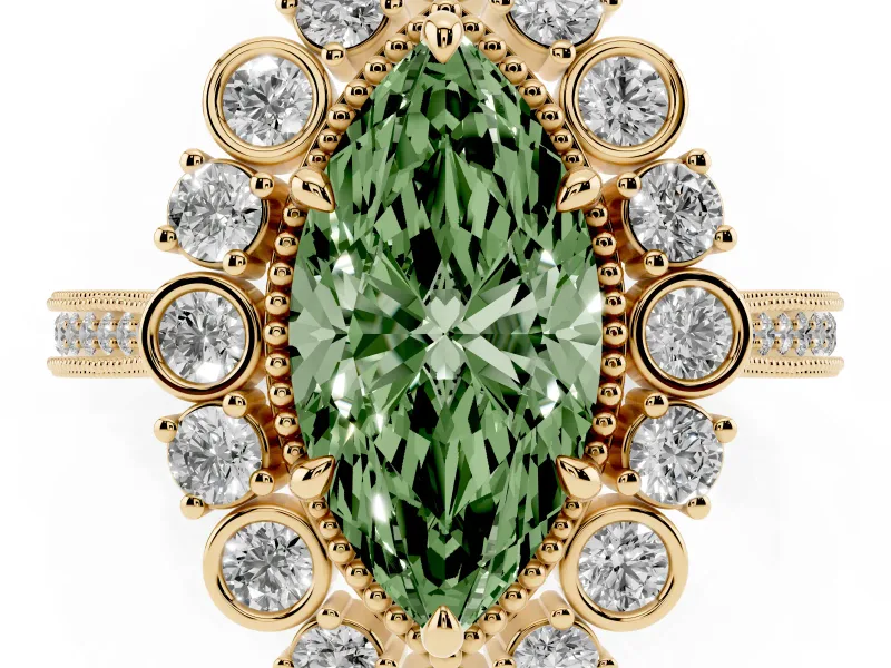 Marquise Scalloped Halo Engagement Ring Setting for a Fancy Green Lab-Grown Diamond | Milgrain Edges | Yellow Gold