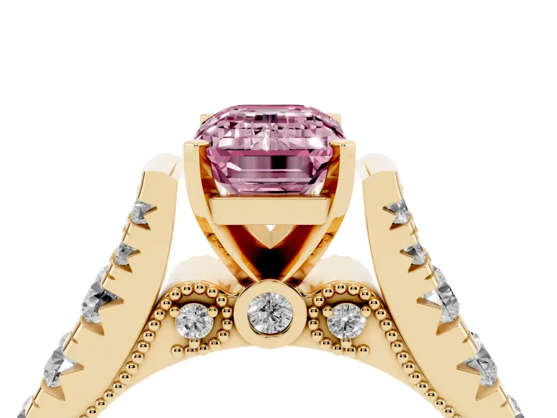 Emerald Cut Graduated Cathedral Engagement Ring Setting for a Fancy Pink Lab-Grown Diamond | Side Stones | Yellow Gold