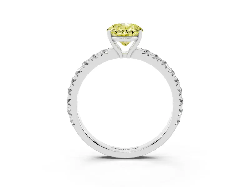 Oval Pave Solitaire Engagement Ring Setting for a Fancy Yellow Lab-Grown Diamond | Shared Prong Band | White Gold