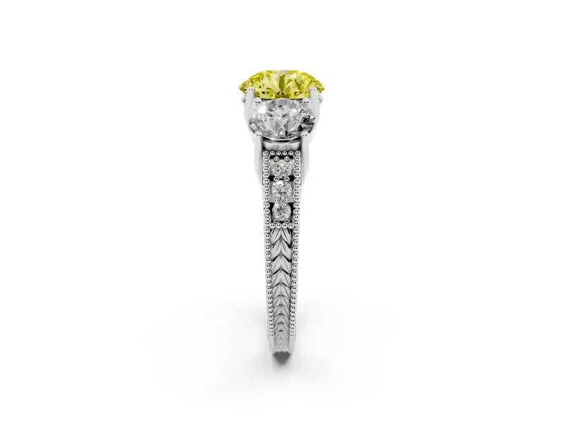 Round Vintage Three Stone Engagement Ring Setting for a Fancy Yellow Lab-Grown Diamond | Sterling Silver