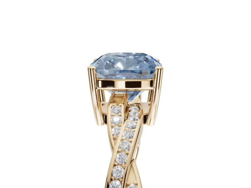 Cushion Cut Twisted Pavé Solitaire Engagement Ring Setting for a Fancy Blue Lab-Grown Diamond | Yellow Gold