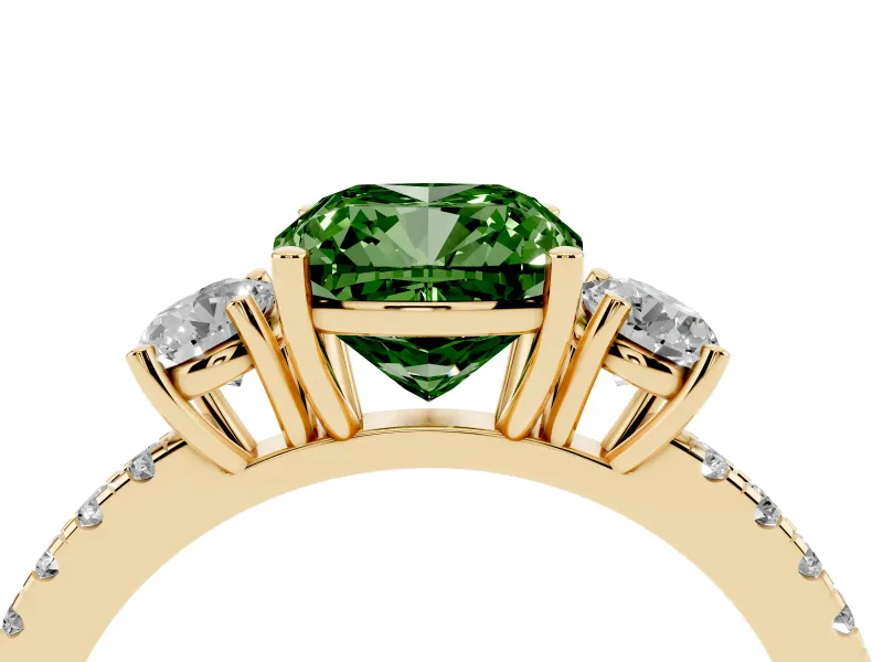 Cushion Cut Three Stone Engagement Ring Setting for a Fancy Green Lab-Grown Diamond | Pave Shoulders | Yellow Gold