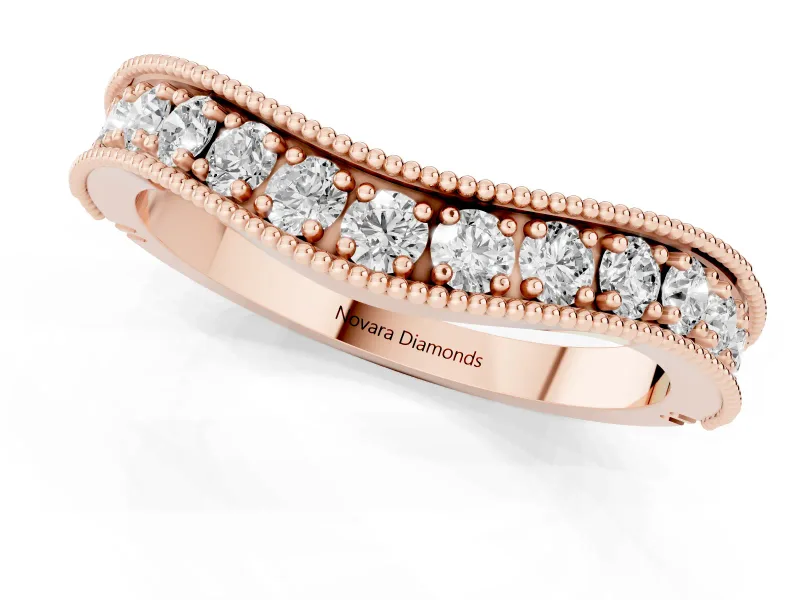 Round Diamond Contour Wedding Band Set in Rose gold with Milgrain Pavé Setting