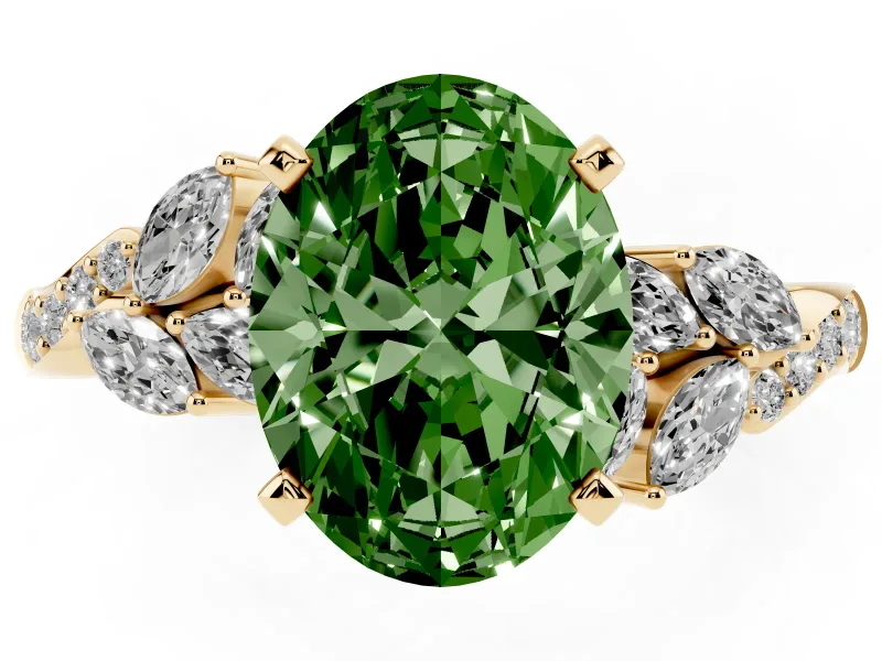 Fancy Green Oval Cut Diamond Solitaire Ring Set in Yellow gold with Marquise Twist Band and Prong Setting