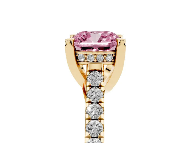 Cushion Cut Hidden Halo Pave Engagement Ring Setting for a Fancy Pink Lab-Grown Diamond | Claw Prongs | Yellow Gold