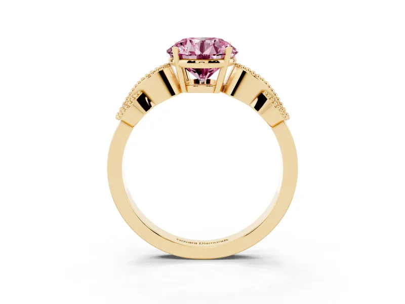 Fancy Pink Round Cut Diamond Milgrain Leaf Band Solitaire Ring Set in Yellow gold with Accent Stones and Prong Setting