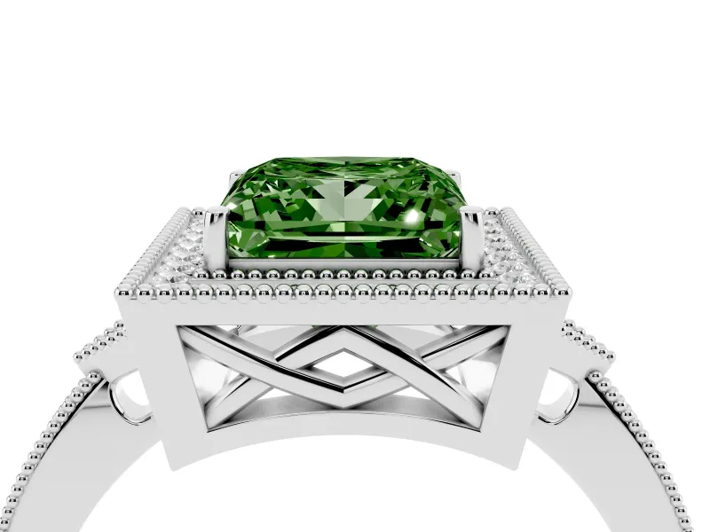 Fancy Green Princess Cut Diamond Halo Engagement Ring Set in Silver with Milgrain Pavé Band