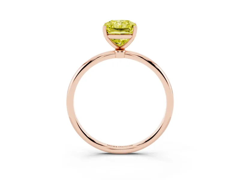 Fancy Yellow Radiant Cut Diamond Solitaire Engagement Ring Set in Rose gold with Thin Band and Prong Setting