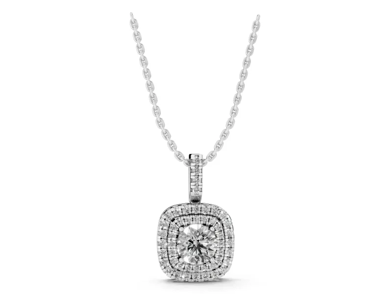 Round Lab-Grown Diamond Cushion Double Halo Pendant Necklace | Pavé Bail | White Gold