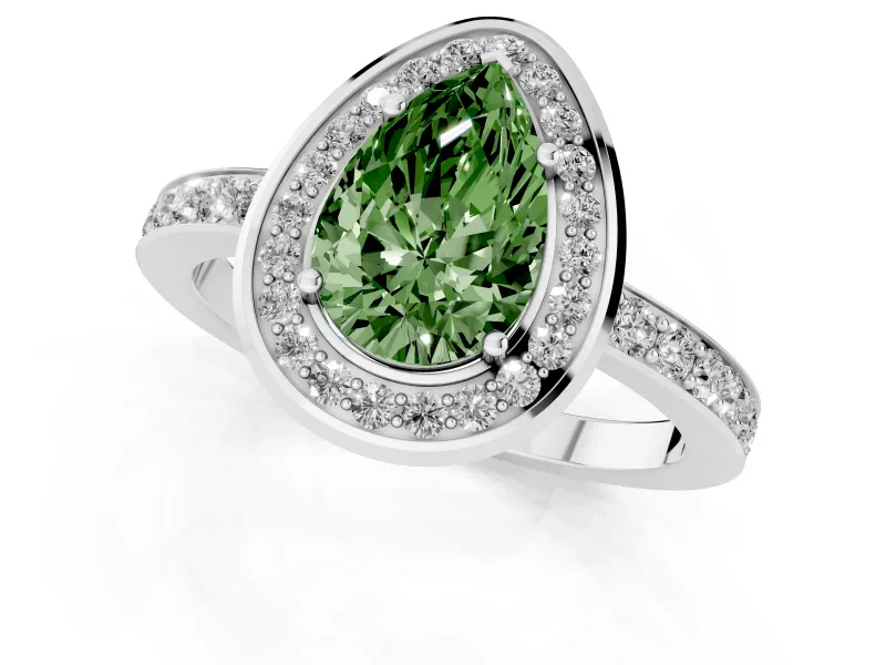 Fancy Green Pear Cut Diamond Halo Ring Set in Silver with Bezel Frame and Pavé Band