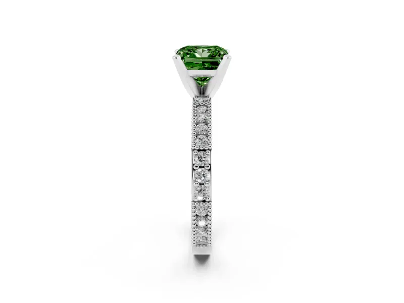 Fancy Green Princess Cut Diamond Solitaire Ring Set in White gold with Slim Pavé Band and Prong Setting