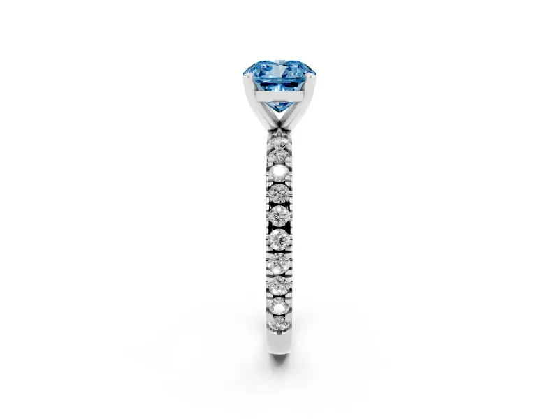 Fancy Blue Cushion Cut Diamond Pavé Band Solitaire Set in Silver with Prong Setting