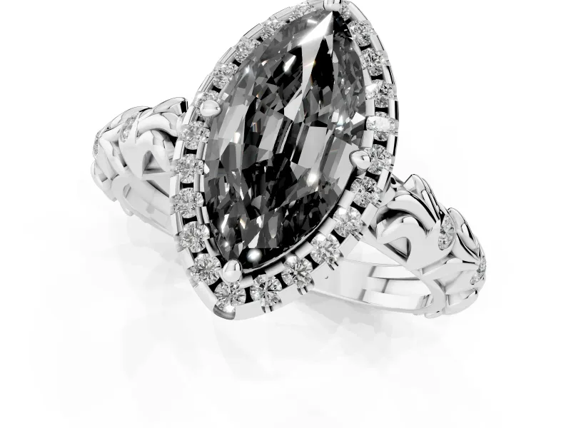 Marquise Leaf Halo Engagement Ring Setting for a Black Center | Bezel Accents | Sterling Silver