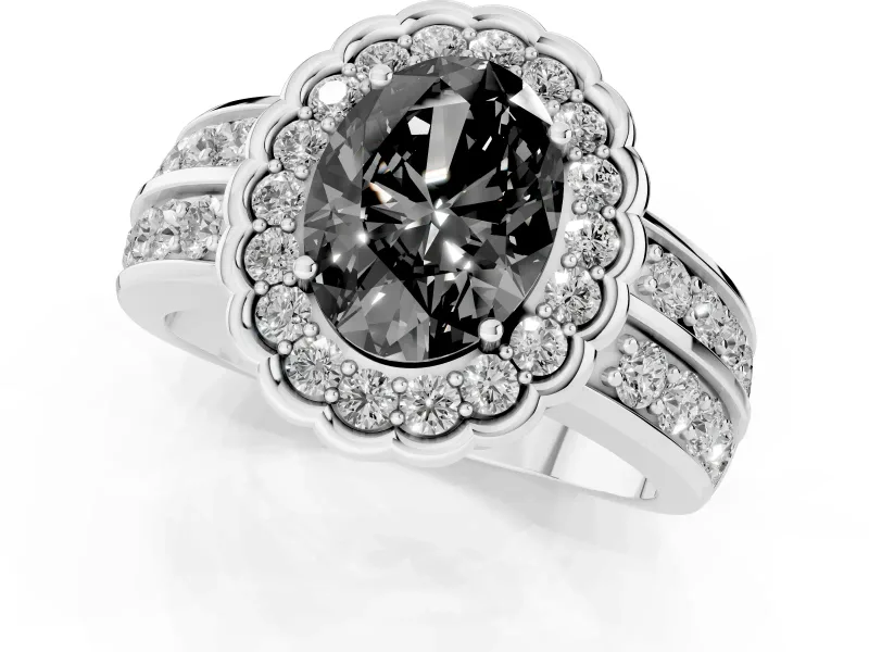 Fancy Black Oval Cut Diamond Scalloped Halo Ring Set in White gold with Pavé Split Shank