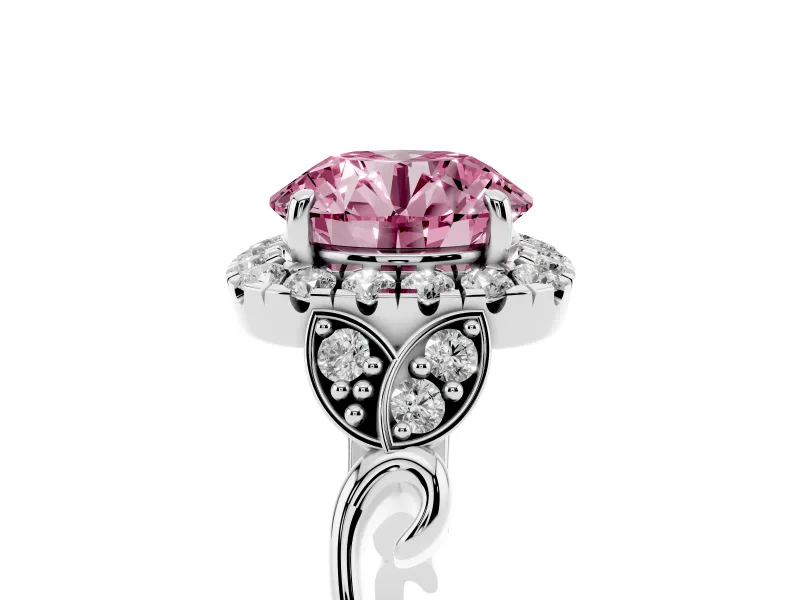 Round Halo Engagement Ring Setting for a Fancy Pink Lab-Grown Diamond | Leaf Shoulders | Platinum