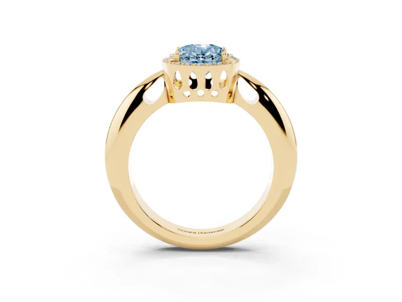 Fancy Blue Oval Cut Diamond Halo Engagement Ring Set in Yellow gold with Plain Split Shank and Prong Setting