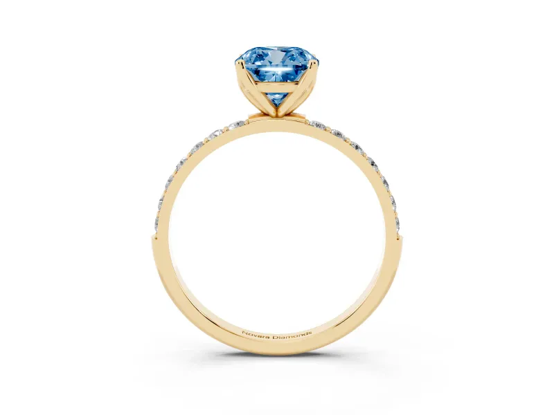 Cushion Cut Pave Solitaire Engagement Ring Setting for a Fancy Blue Lab-Grown Diamond | Slim Band | Yellow Gold
