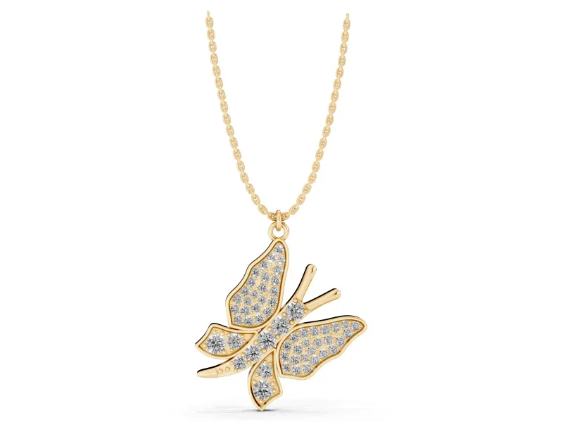 Round Lab-Grown Diamond Pavé Butterfly Pendant Necklace | Stone-Set Body | Yellow Gold
