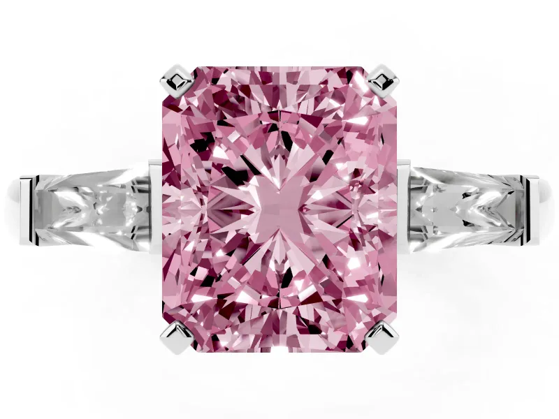 Radiant Cut Three Stone Engagement Ring Setting for a Fancy Pink Lab-Grown Diamond | Tapered Baguettes | White Gold