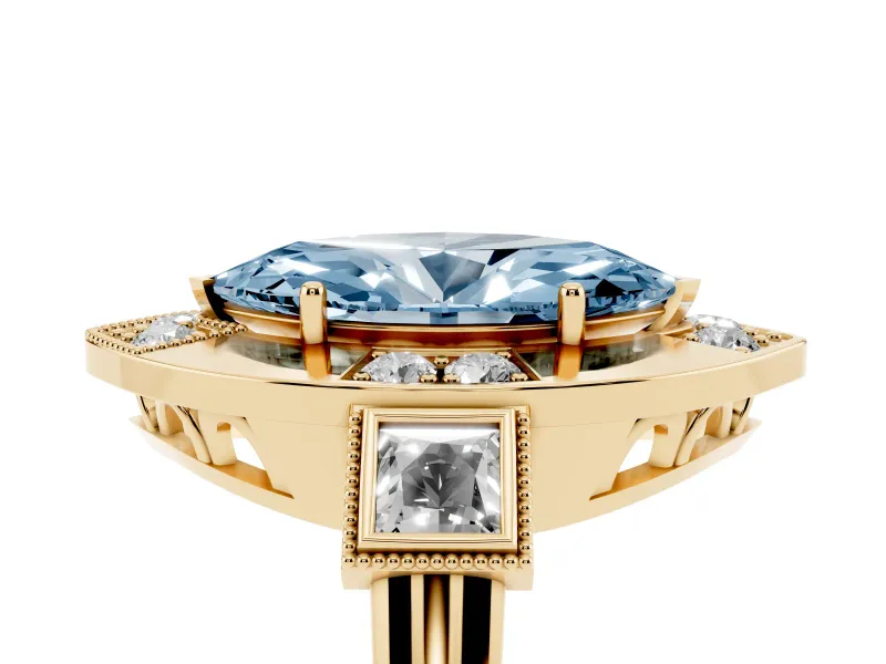 Fancy Blue Marquise Cut Diamond Milgrain Halo Ring Set in Yellow gold with Split Shank